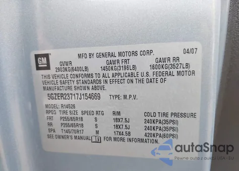 2007 Saturn Outlook Xr из США, поврежденный, VIN 5GZER23717J154669